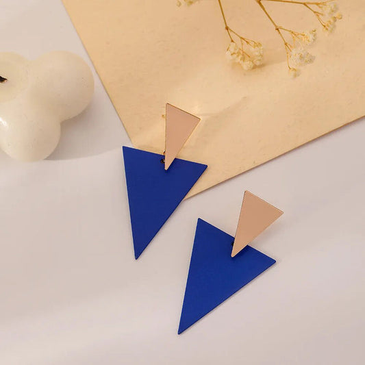 Stunning Golden Blue Metal Triangle Drop Statement Stud Earrings For Women