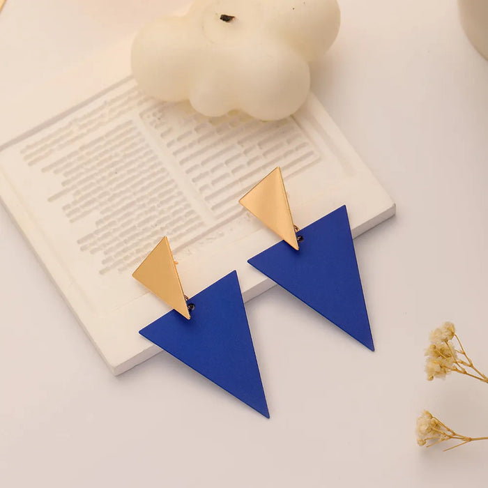 Stunning Golden Blue Metal Triangle Drop Statement Stud Earrings For Women