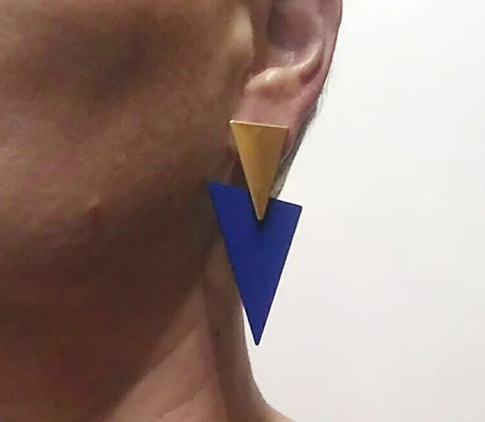 Stunning Golden Blue Metal Triangle Drop Statement Stud Earrings For Women