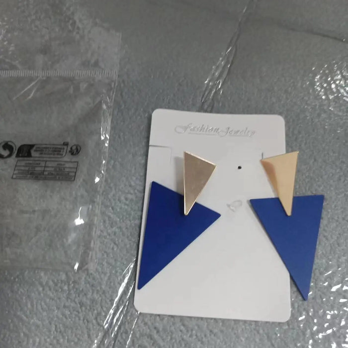 Stunning Golden Blue Metal Triangle Drop Statement Stud Earrings For Women