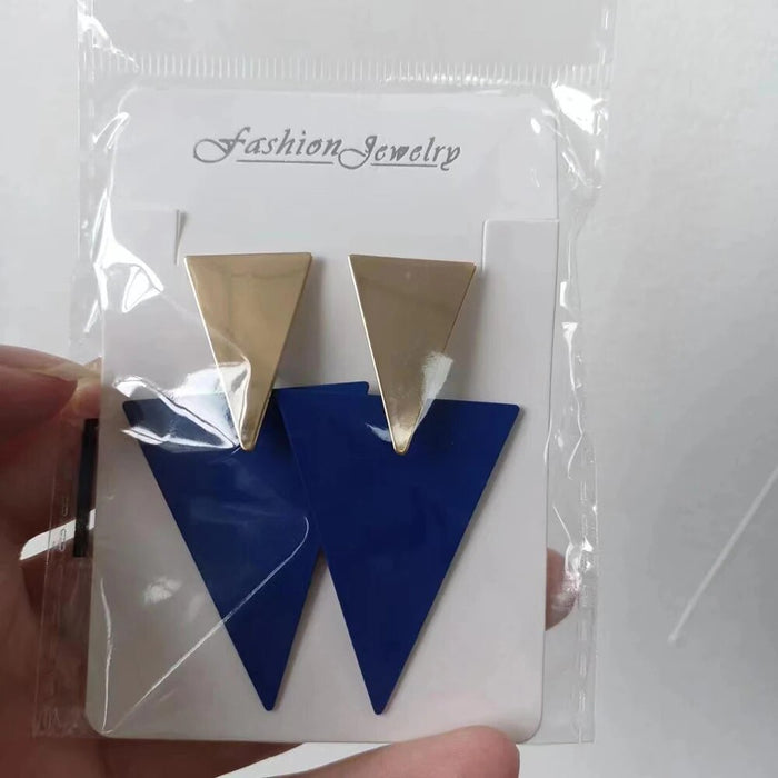 Stunning Golden Blue Metal Triangle Drop Statement Stud Earrings For Women