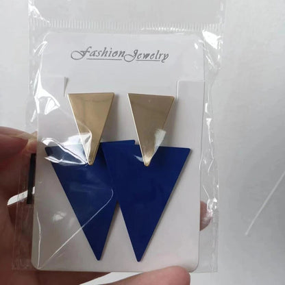 Stunning Golden Blue Metal Triangle Drop Statement Stud Earrings For Women
