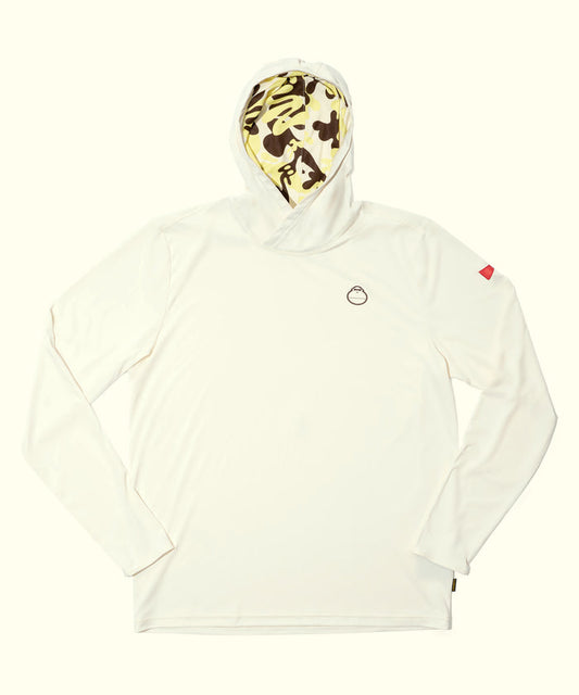 Sun Bum X Florence Adapt UPF Shirt in white with a patterned yellow and brown hood lining, featuring a small logo on the chest