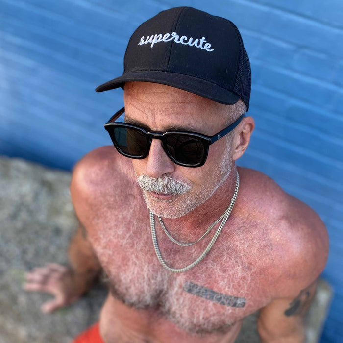 supercute black trucker hat mustache man