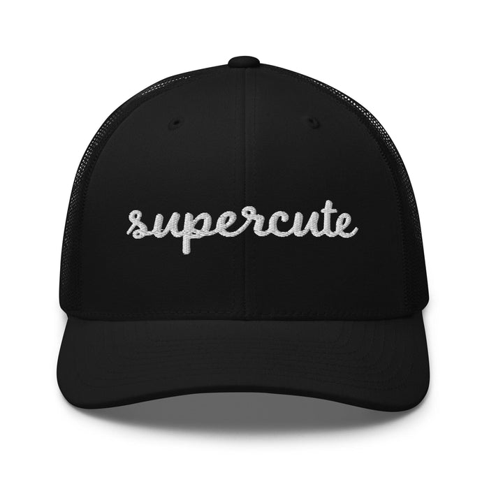 Black cap with 'supercute" logo on a white background