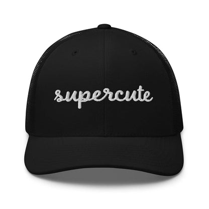 Black cap with 'supercute" logo on a white background