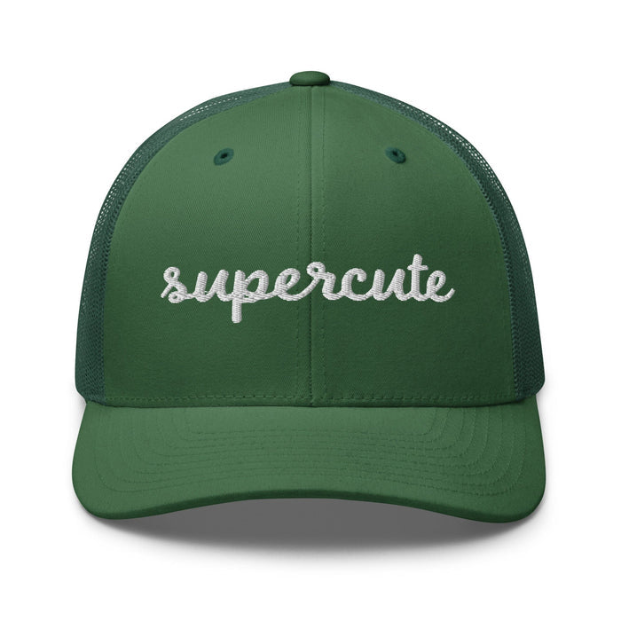 Green cap with "supercute" text on a white background