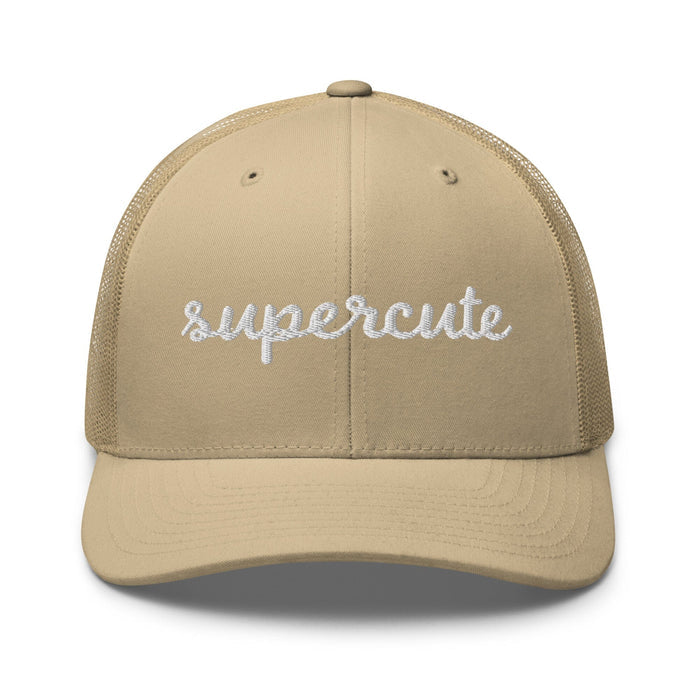 beige cap with "supercute" text on a white background