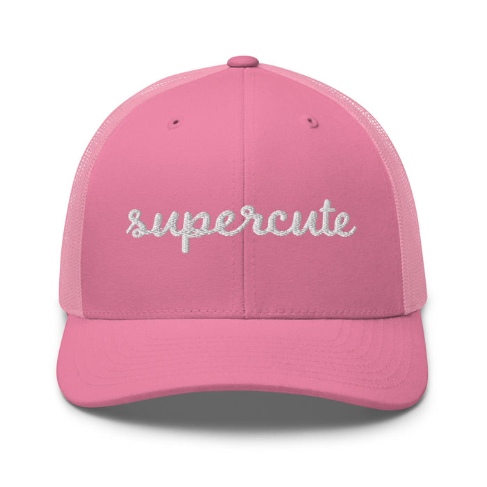 pink cap with "supercute" text on a white background