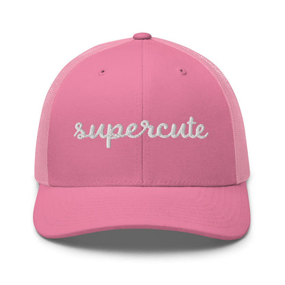 pink cap with "supercute" text on a white background