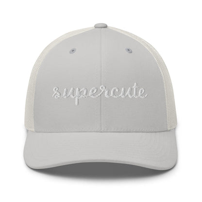 silver trucker cap with "supercute" text on a white background