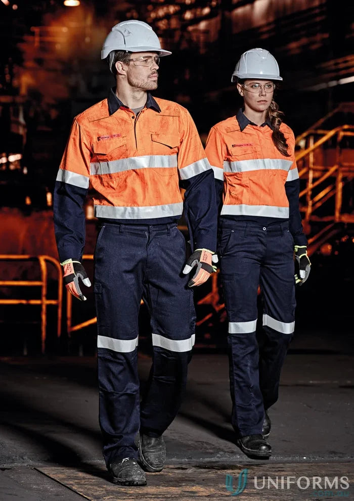 Two workers in high-vis taped cargo pant from SYZMIC FIRE ARMOR WOMENS ORANGE line