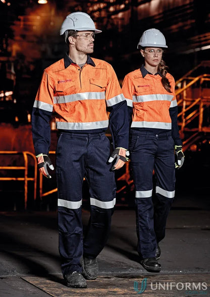 Two workers in high-vis taped cargo pant from SYZMIC FIRE ARMOR WOMENS ORANGE line