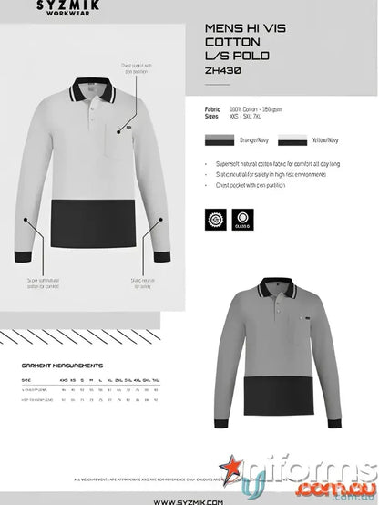 Men’s hi-vis cotton long-sleeve polo shirt, Szyzmik men’s sleeve polo zh430 for safety