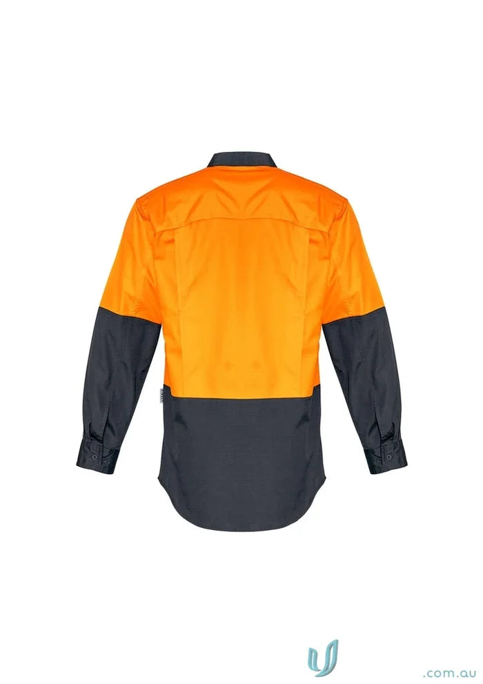Orange and gray long-sleeved Syzmik Mens Rugged Cooling Vis Shirt ZW128 highlighting stress points
