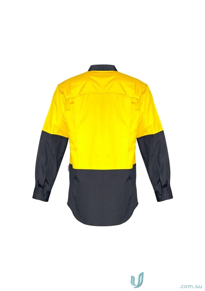 Yellow and black long-sleeved Syzmik mens rugged cooling VIS shirt zw128 with stress points
