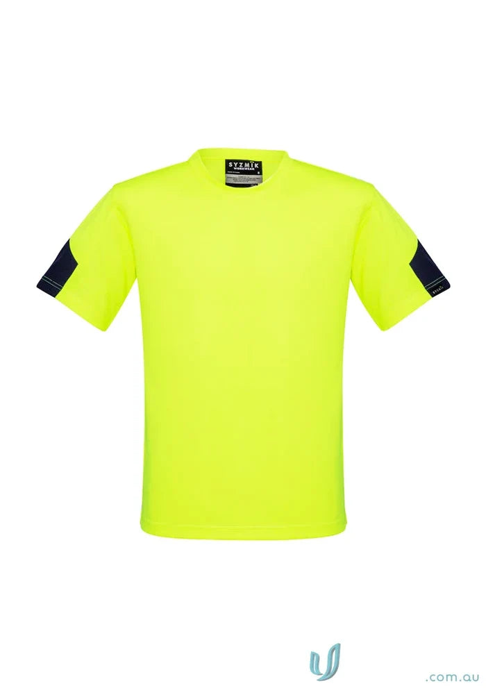 Neon yellow Syzmik Men’s Vis Squad Tee with dark blue accents for ultimate comfort