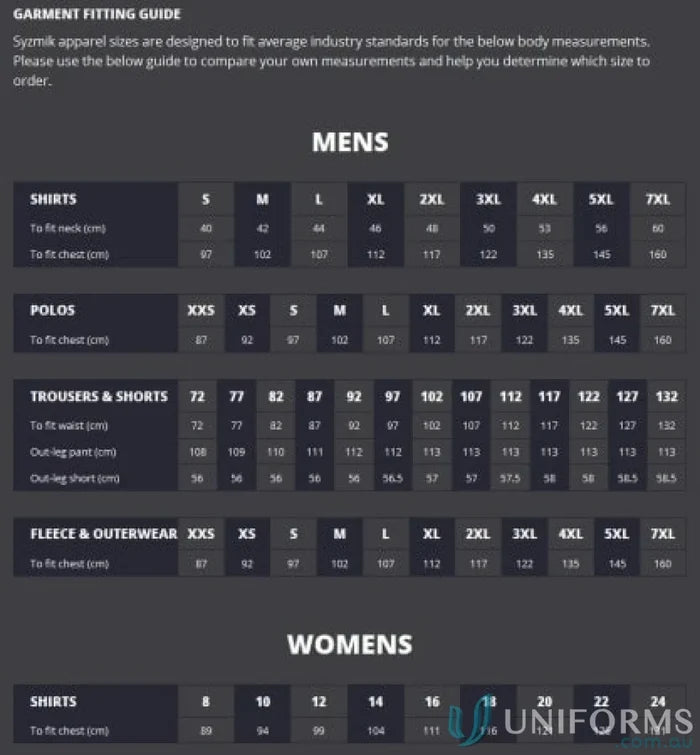 Clothing size guide for Syzmik Men’s Vis Squad Tee to experience ultimate comfort