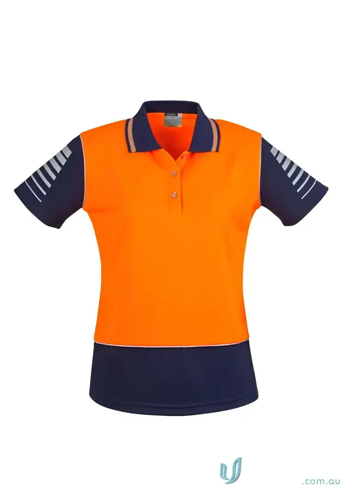 Orange and navy blue Syzmik Womens safety polo with 3M reflective piping and filament supreme microfibre