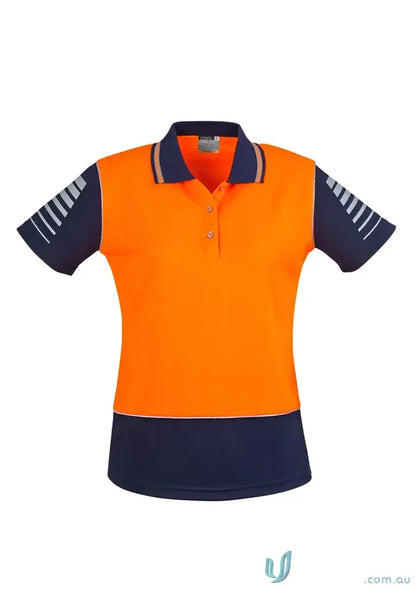 Orange and navy blue Syzmik Womens safety polo with 3M reflective piping and filament supreme microfibre