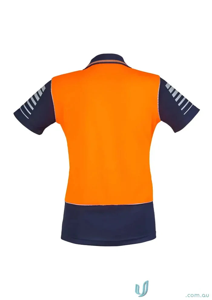 Orange and navy blue Syzmik womens Zone Safety Polo with 3M reflective piping