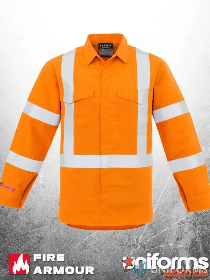 Orange high-visibility work shirt from Syzmic RAIL HRC1 X Back Taped Range Men’s Red series with concealed fr press
