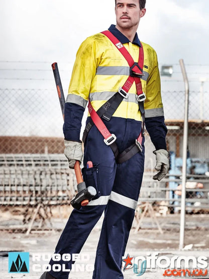 Man in safety harness wearing Syzmic Mens Rugged Hivis Cooling Taped Overalls, stays cool