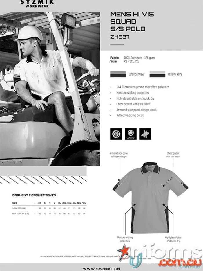 Mens hi-vis polo shirt Syzmic Squad Safety SS Polo with sleeve polo Zh237 ensures visibility