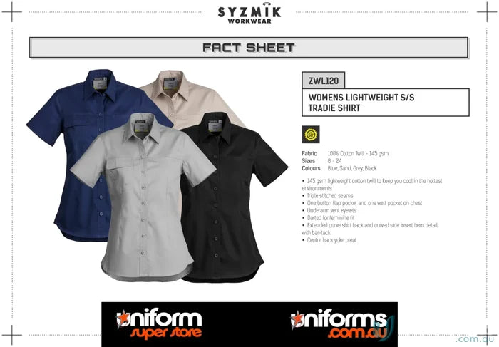 Syzmic womens lightweight cotton twill work shirt with feminine fit short sleeve