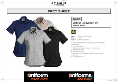 Syzmic womens lightweight cotton twill work shirt with feminine fit short sleeve