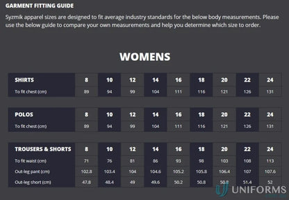 Women’s apparel size guide for Syzmik women’s lightweight feminine fit tradie short sleeve cotton twill shirt