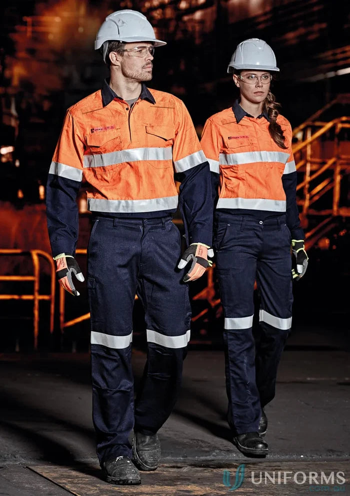 Two people wearing Syzmik Fire Armour Ladies Closed Front Hoop Taped Spliced Shirt