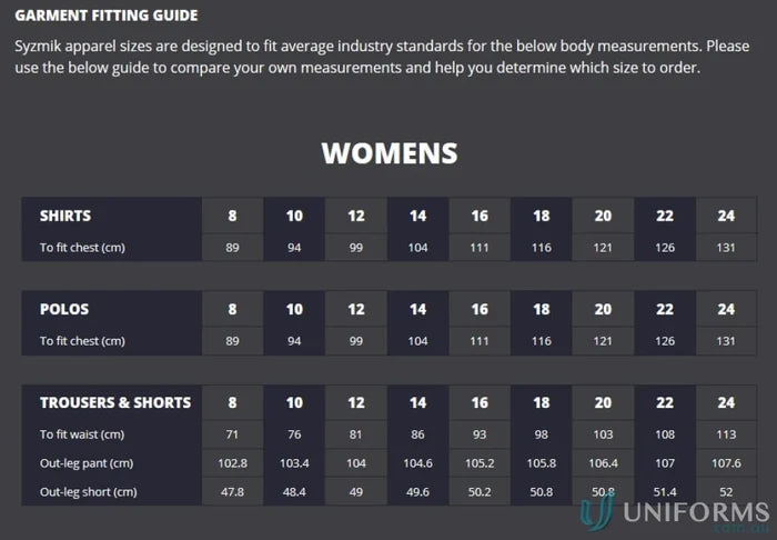 Womens garment fitting guide for Syzmik Fire Armour taped spliced shirt with hooped design