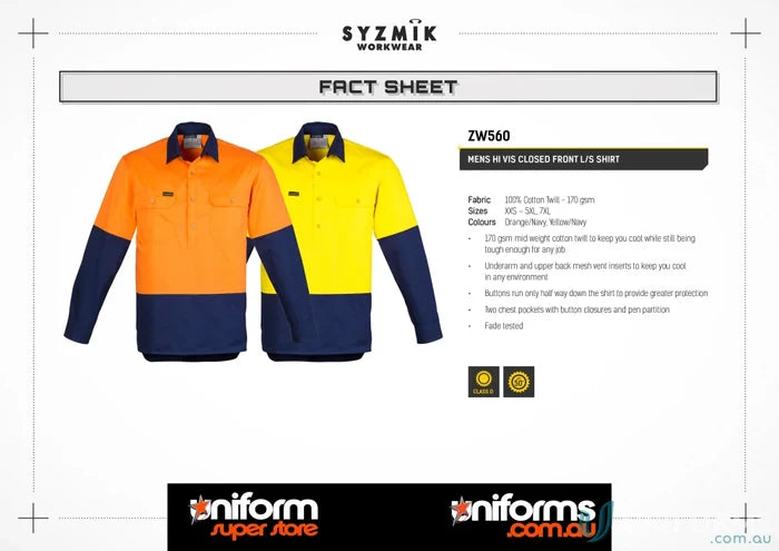 Syzmik Men’s Closed Front L/S Shirt ZW560 cotton twill long sleeve work shirt fact sheet