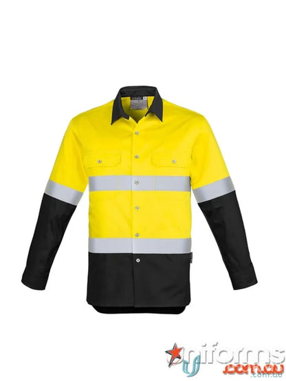 Yellow and black syzmik mens industrial long sleeve shirt with hoop taped zw123 for demanding work environments