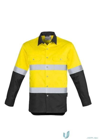 Yellow and black syzmik mens industrial long sleeve shirt with hoop taped zw123 for demanding work environments