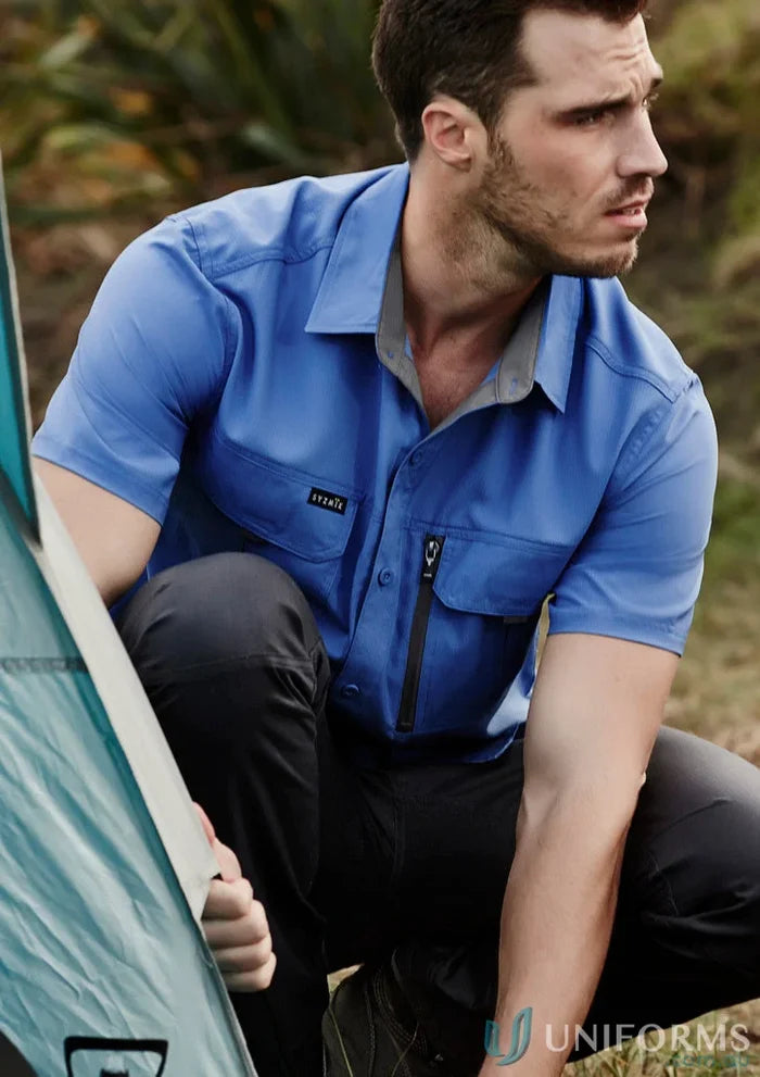 Blue syzmik men’s outdoor short sleeve shirt with buttons, model SZWMX SS ZW465