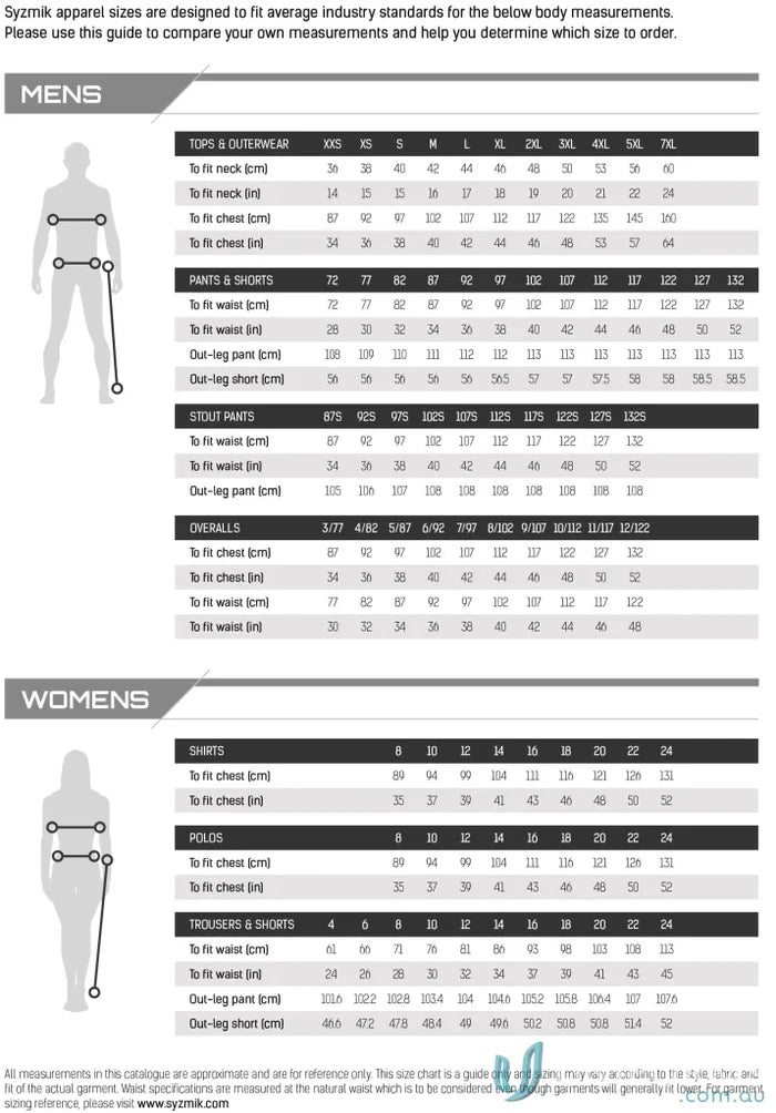 Syzmik Rugged Cooling Cargo Pant size guide for Szyzik men’s rugged stay cool pants