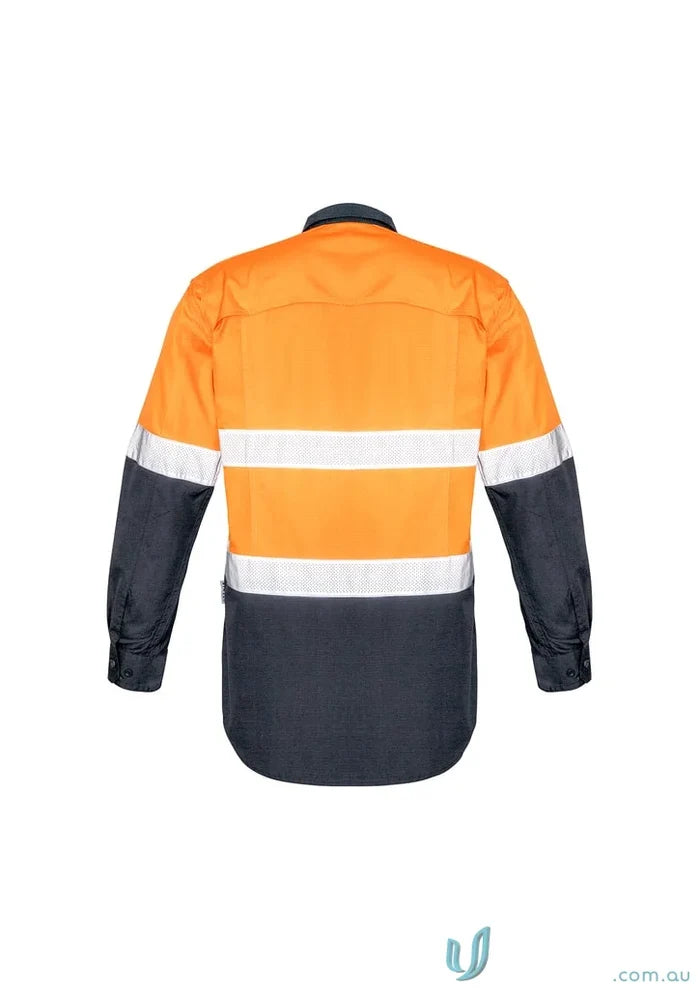 Orange and navy blue Syzmik Rugged Cooling Vis Taped Long Sleeve Shirt for safety