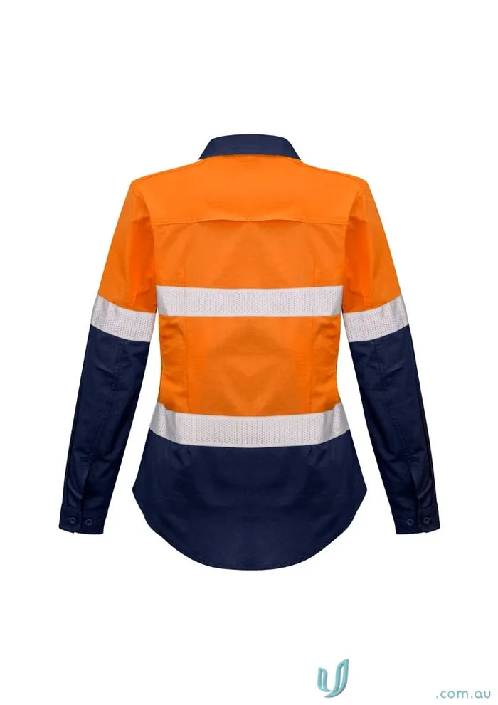 Orange and navy blue Syzmik Womens Rugged Shirt ZW720 with reflective tape for safety