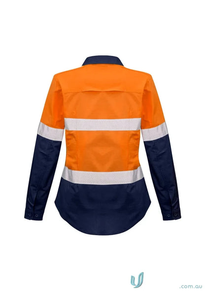 Orange and navy blue Syzmik Womens Rugged Shirt ZW720 with reflective tape for safety