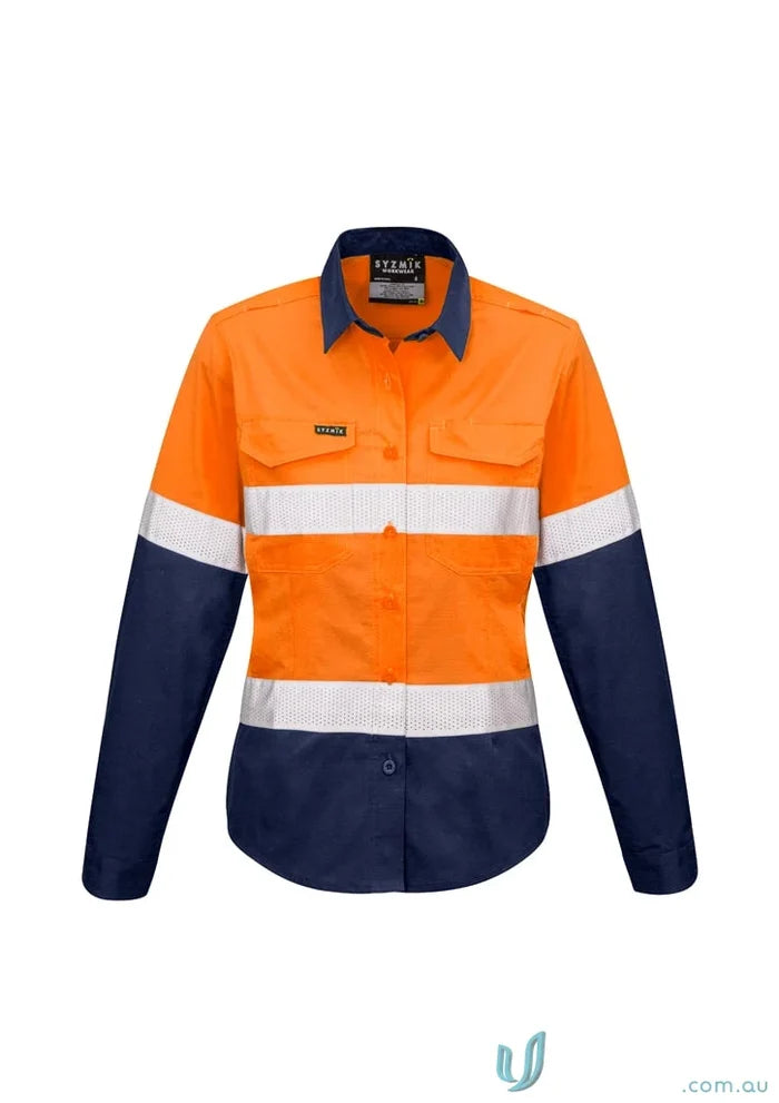 Syzmik womens rugged work shirt zw720 with orange navy blue color and reflective tape