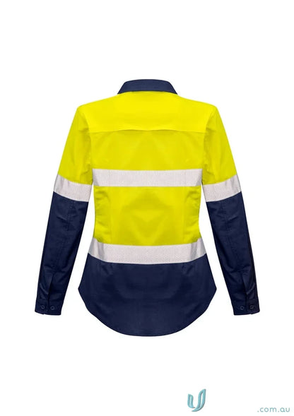 Yellow and navy blue syzmik womens rugged shirt zw720 with reflective tape for work