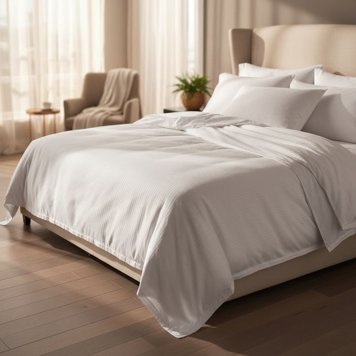 T-250 White Blended 10 MM Satin Stripe Bed Sheets - Rifz Textiles Inc