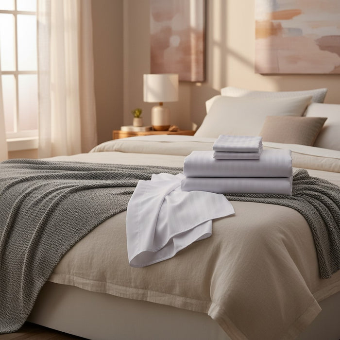 T-250 White Blended 10 MM Satin Stripe Bed Sheets - Rifz Textiles Inc