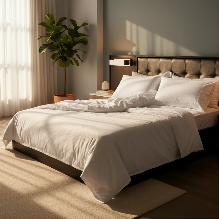 T-250 White Blended 10 MM Satin Stripe Bed Sheets - Rifz Textiles Inc