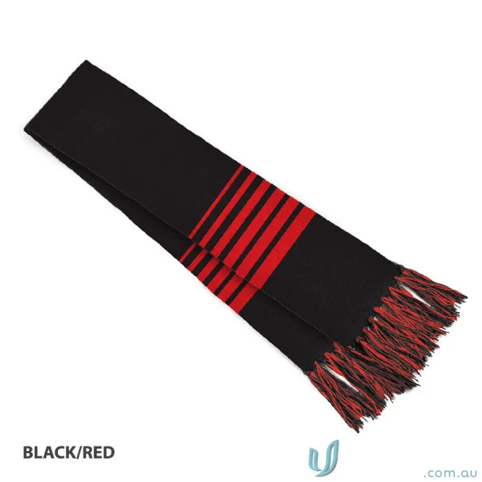 Black and red striped scarf with fringe perfect for Team Scarf work uniforms and casual wear