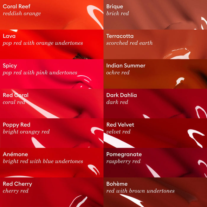 The Manucurist Coral Reef color chart features twelve red and orange lipstick shades, including coral and orange-red tones, each labeled with its name and description, from bright red to deep brown, in a glossy gel polish-inspired finish.