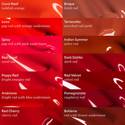 The Manucurist Coral Reef color chart features twelve red and orange lipstick shades, including coral and orange-red tones, each labeled with its name and description, from bright red to deep brown, in a glossy gel polish-inspired finish.