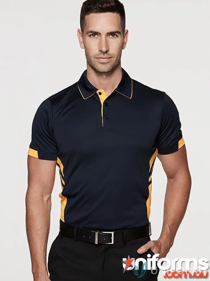 Navy blue and yellow performance polo shirt with contrasting trim perfect for work uniforms and durable workwear